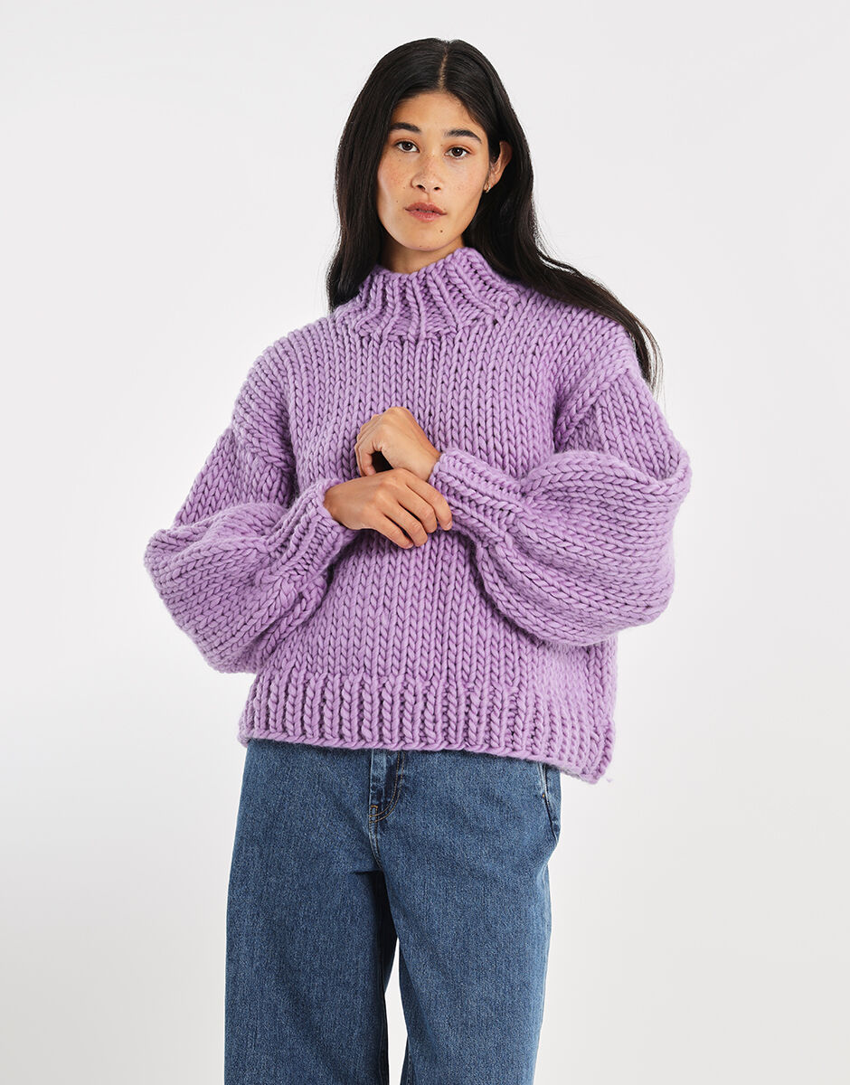 Ameri BALLOON SLEEVE KNIT TOP パープル タグ有 Mixing in Fall :: Purple Balloon Sleeve Sweater - Color & Chic